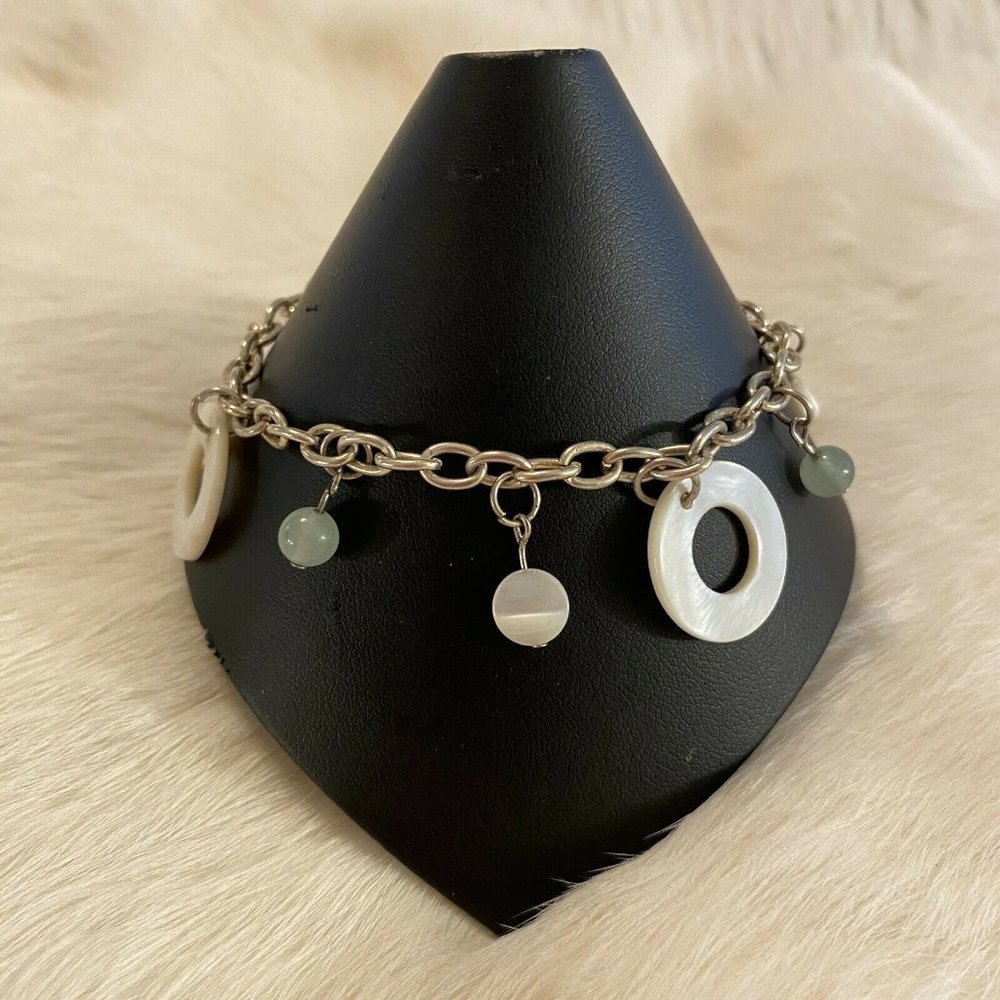 OPen Circle Mother of Pearl‎ Bead Bracelet Dangle Charm Silver Tone Metal 6628